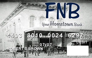 debit card with vintage photo of the First National Bank of Granbury as background