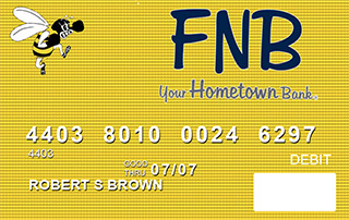 yellow debit card with the Cleburne Bee mascot in the corner