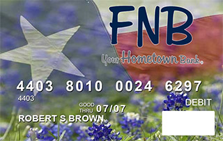 debit card with the Texas state flag and bluebonnets