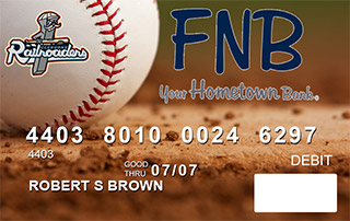 debit card with a baseball and logo for the Cleburne Railroaders